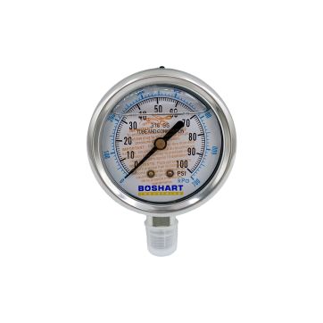 Pressure gauge 0-100 psi - 1/4" stainless steel (bottom mount)