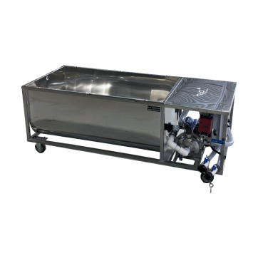 Bassin lave-pannes deluxe (85 gal. US) avec pompe 5 HP, filtres intégrés, 2 sorties pannes à plis avec minuterie (surface + intérieur), 2 sorties pannes plates – cadre 66-1/4" x 28-1/2" sur roues.